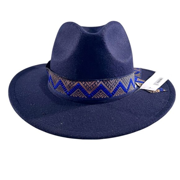 Navy Blue Fedora Hat with Patterned Band - Picture 1 of 4